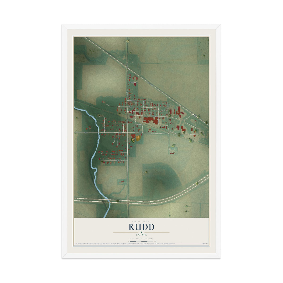 Map of Rudd, Iowa, 12 x 18 inch print in a white wood frame