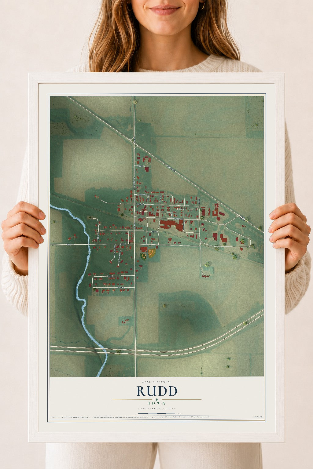 Map of Rudd, Iowa, 18 x 24 inch print in a white wood frame