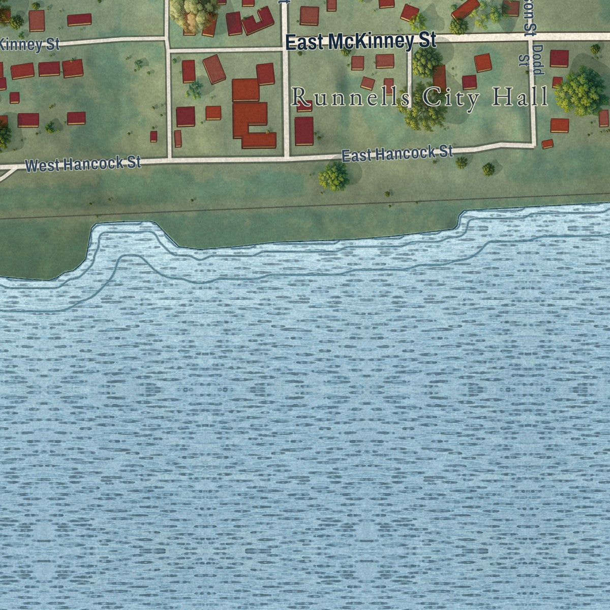 Close-up of the map of Runnells, Iowa print showing street and building detail