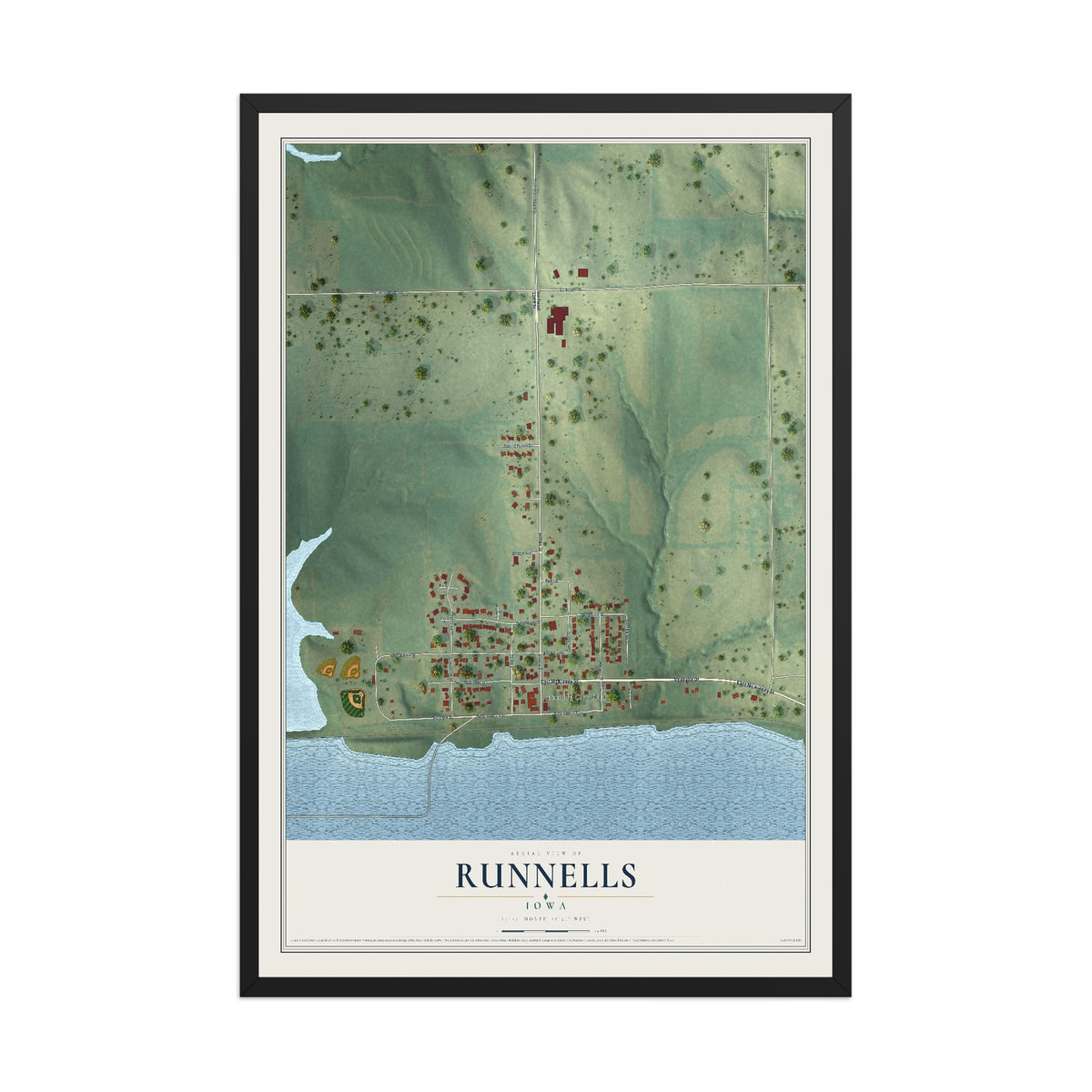 Map of Runnells, Iowa, 12 x 18 inch print in a black wood frame