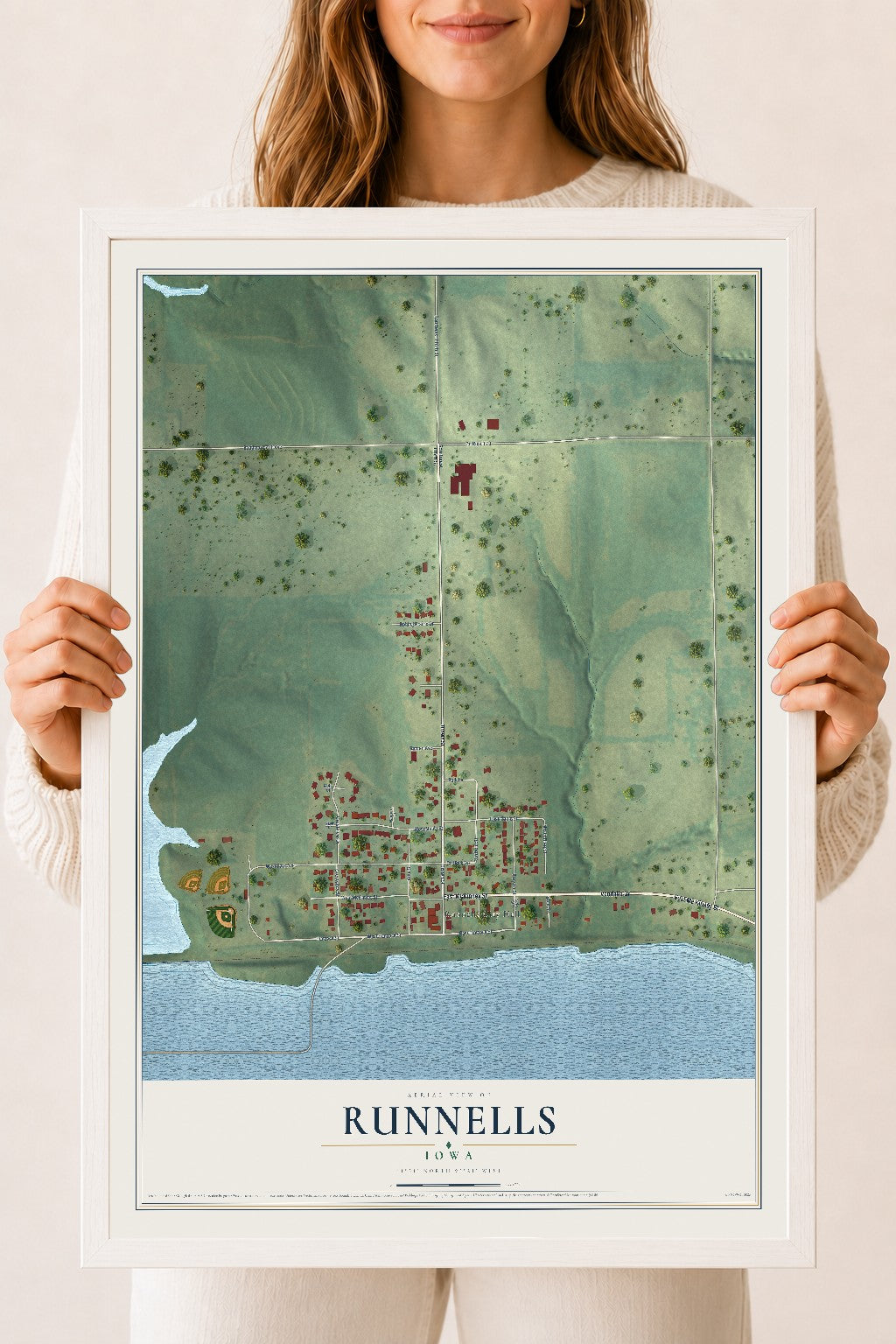 Map of Runnells, Iowa, 18 x 24 inch print in a white wood frame