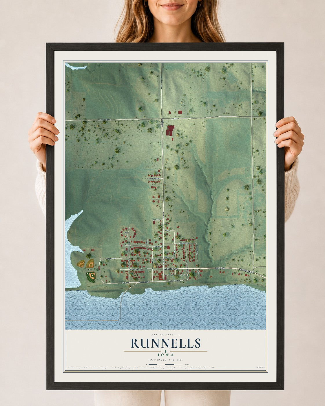 Map of Runnells, Iowa, 24 x 36 inch print in a black wood frame