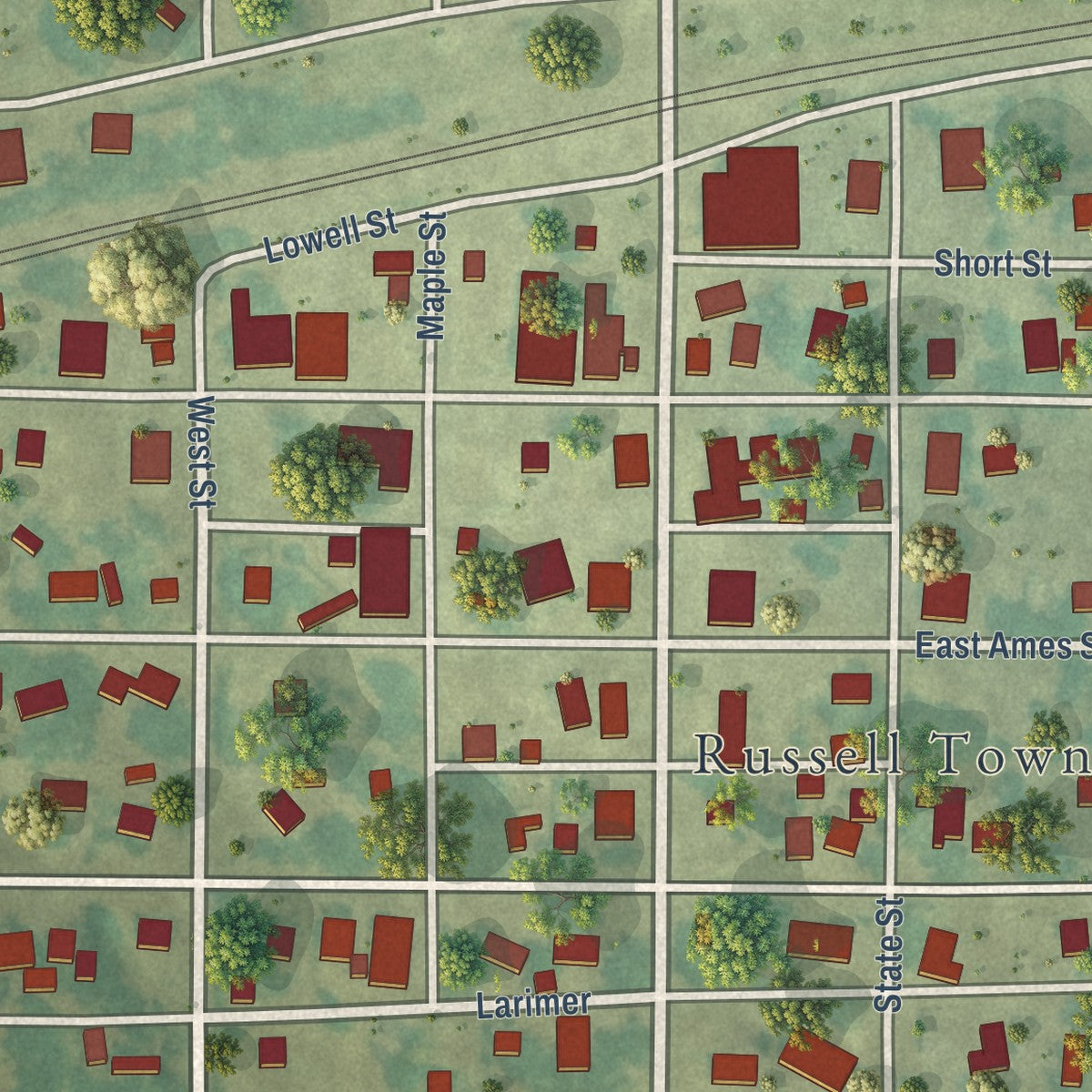 Close-up of the map of Russell, Iowa print showing street and building detail