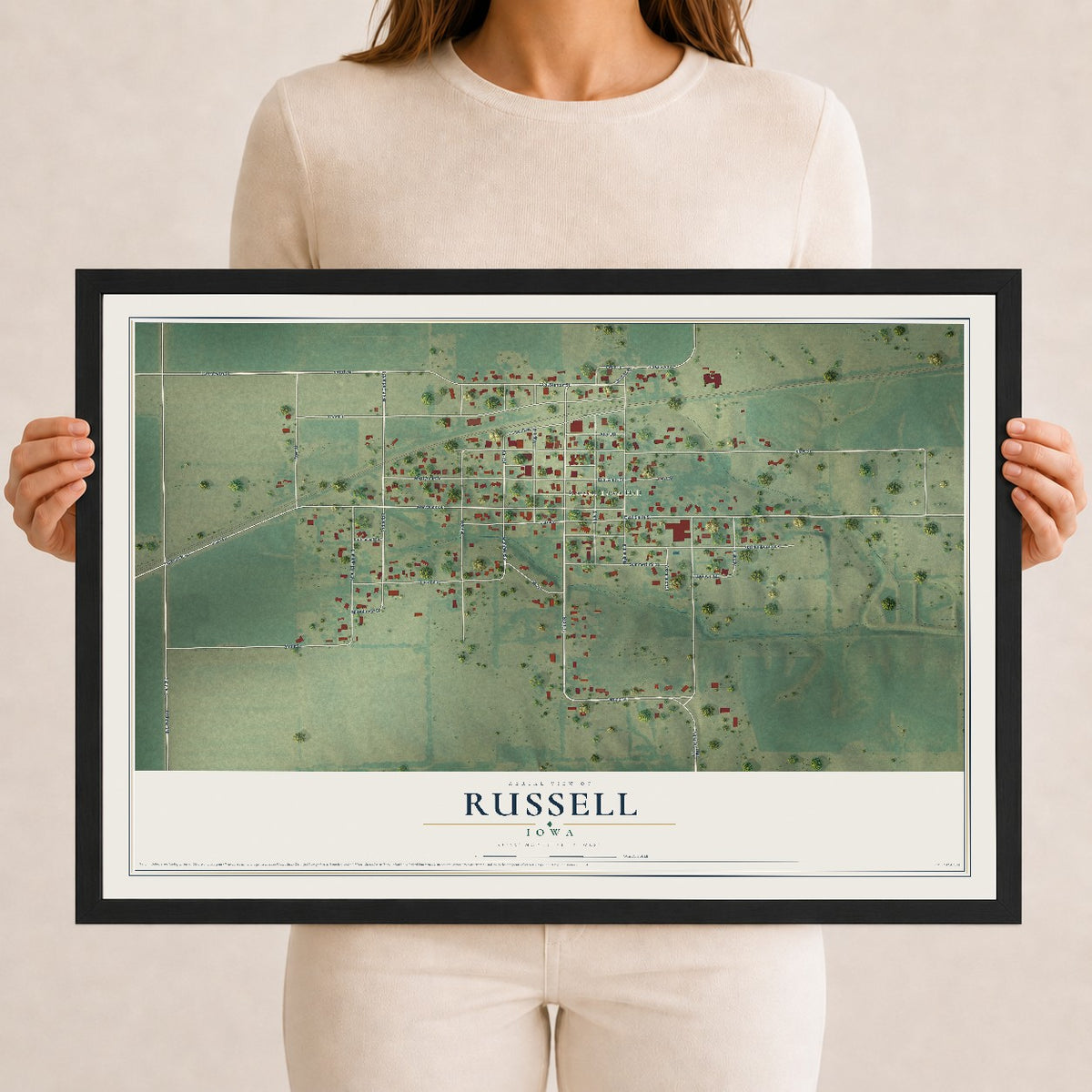 Map of Russell, Iowa, 12 x 18 inch print in a black wood frame