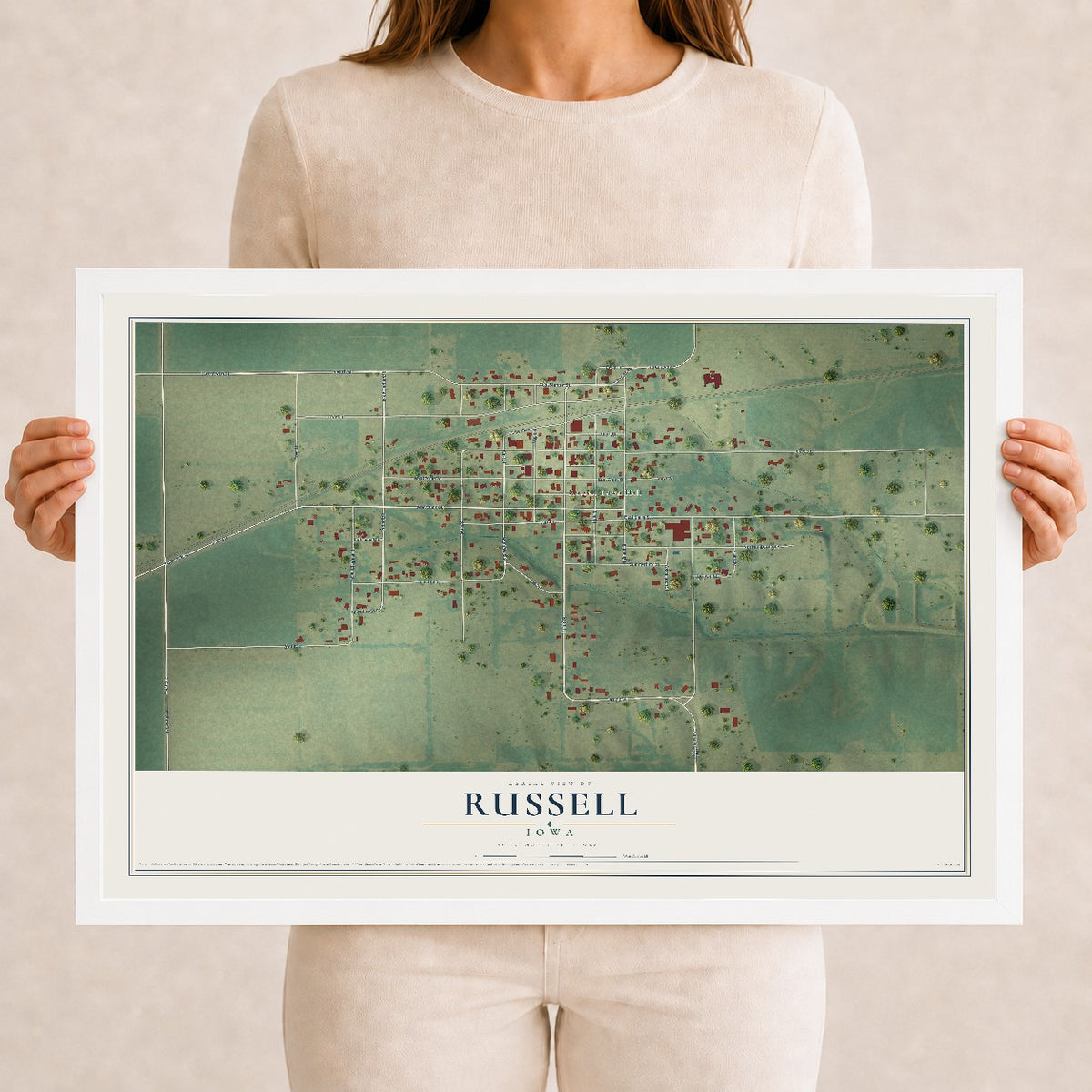 Map of Russell, Iowa, 12 x 18 inch print in a white wood frame