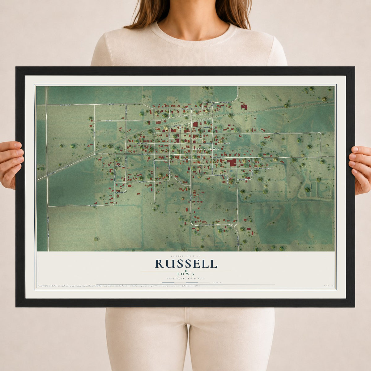 Map of Russell, Iowa, 18 x 24 inch print in a black wood frame