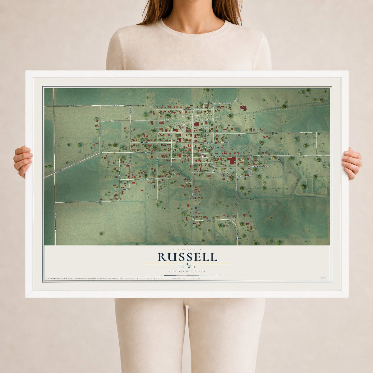 Map of Russell, Iowa, 24 x 36 inch print in a white wood frame