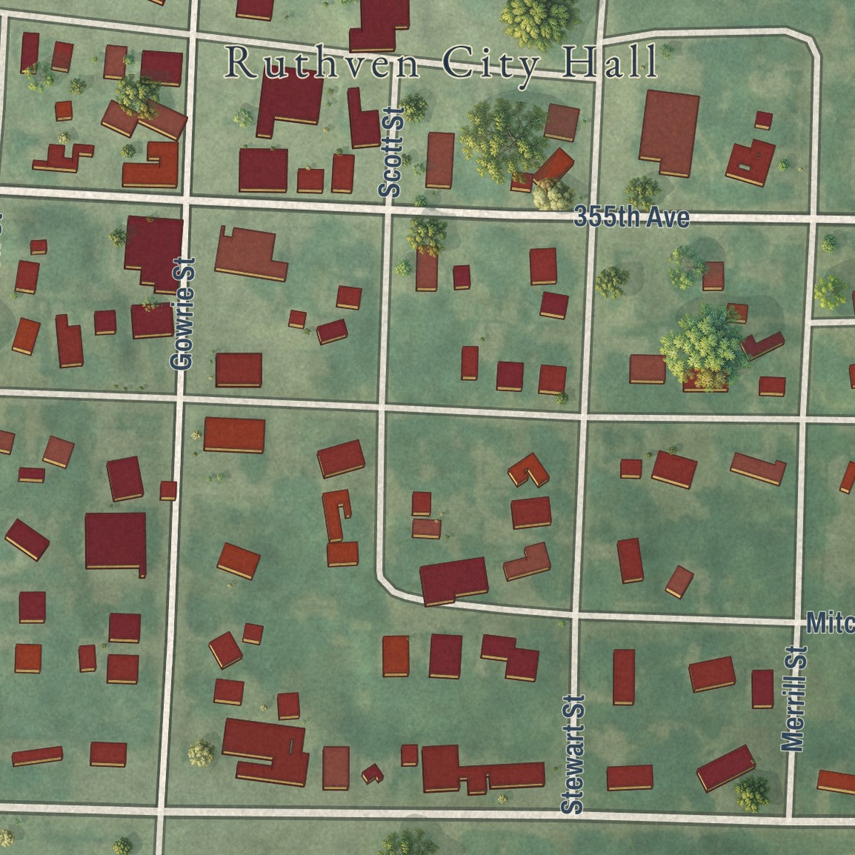 Close-up of the map of Ruthven, Iowa print showing street and building detail