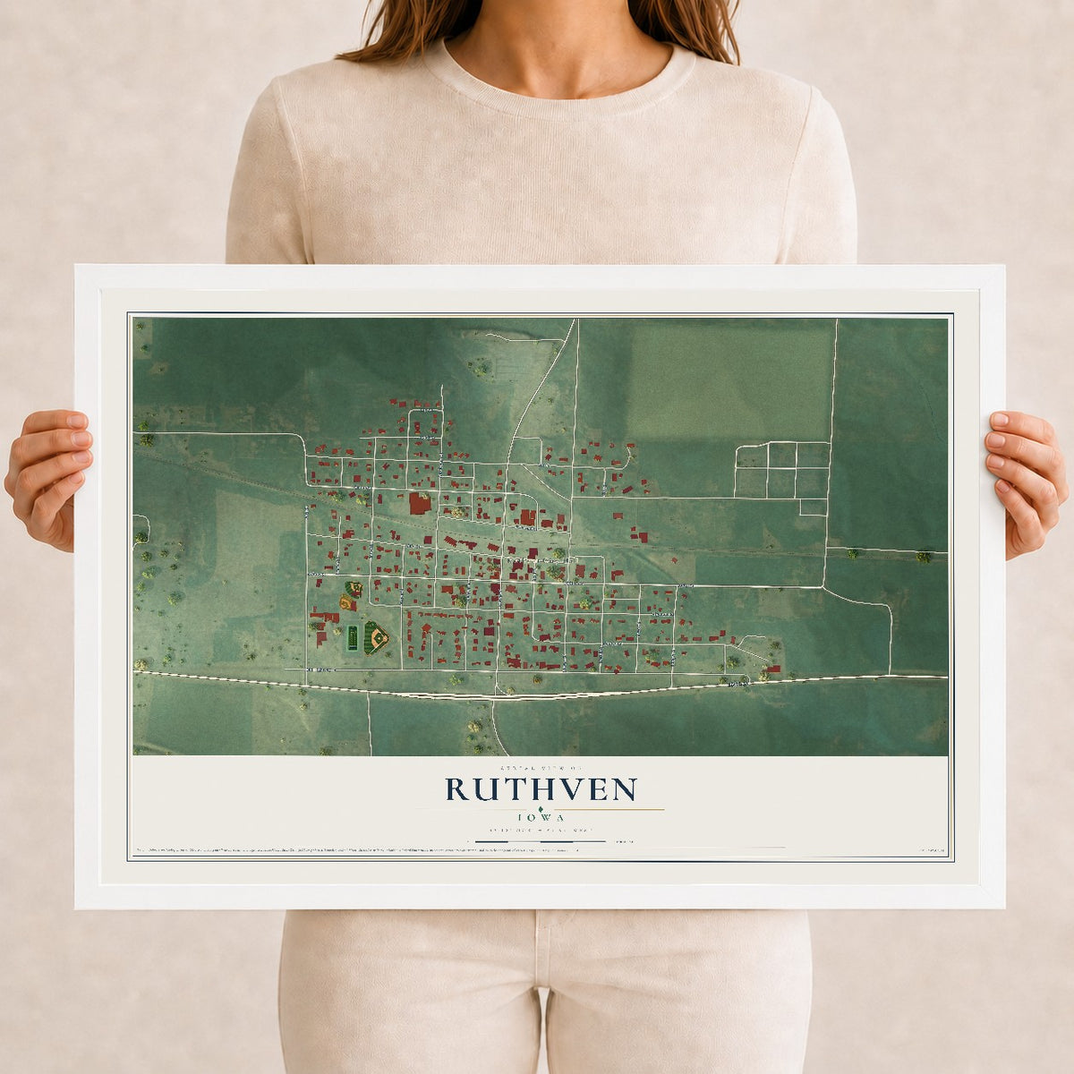 Map of Ruthven, Iowa, 12 x 18 inch print in a white wood frame