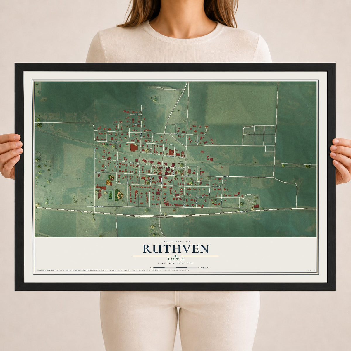 Map of Ruthven, Iowa, 18 x 24 inch print in a black wood frame