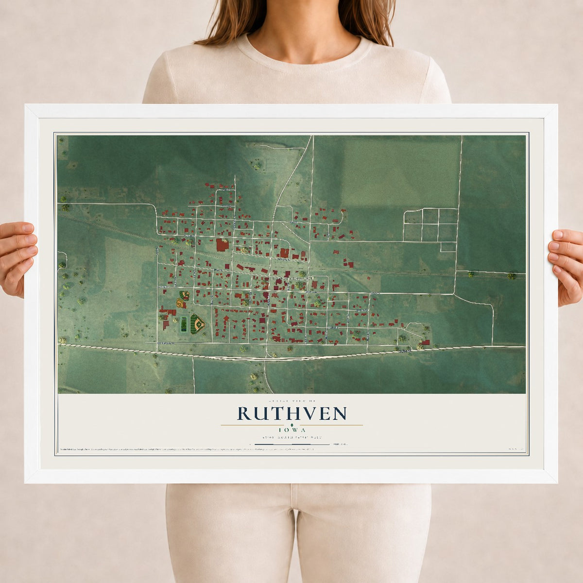 Map of Ruthven, Iowa, 18 x 24 inch print in a white wood frame