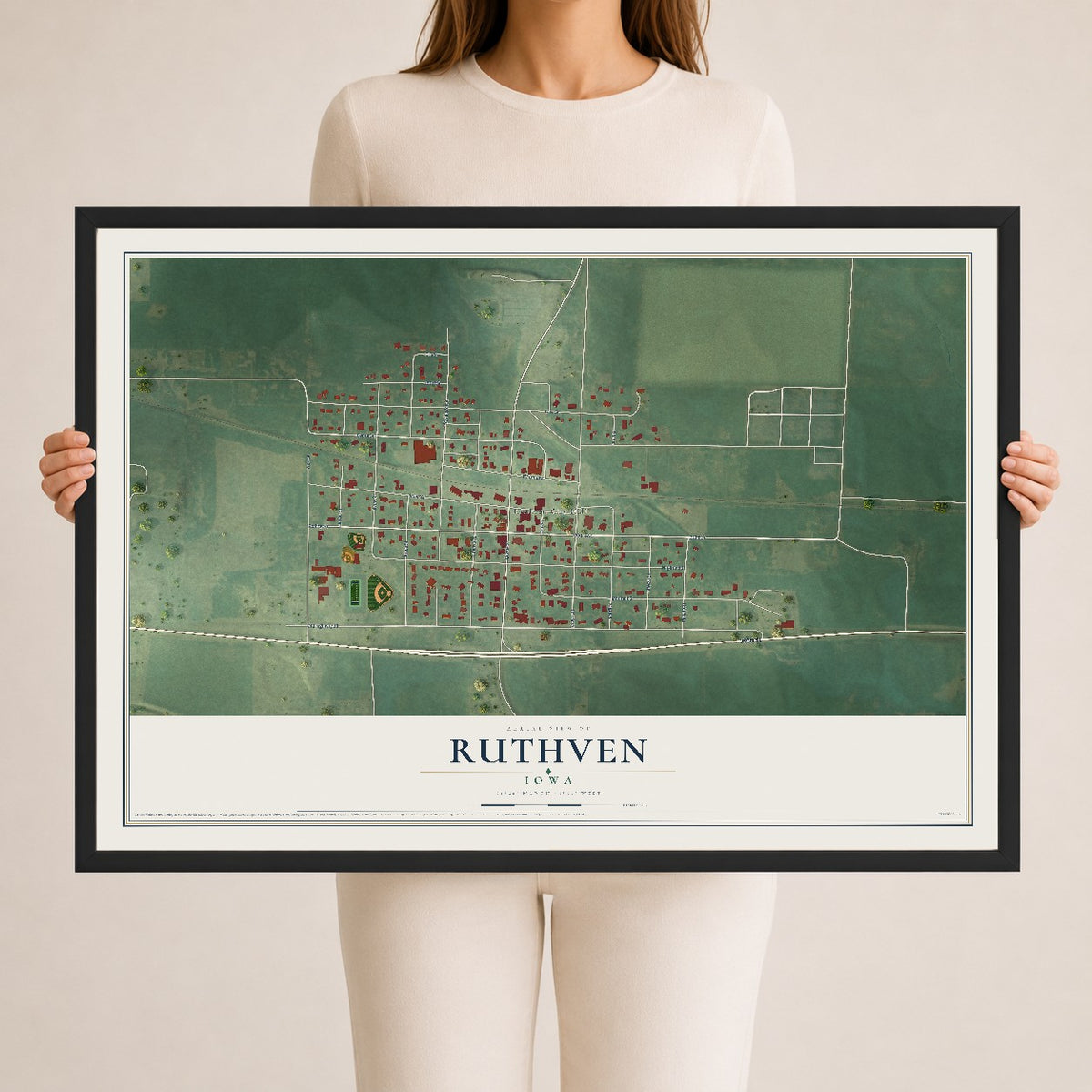 Map of Ruthven, Iowa, 24 x 36 inch print in a black wood frame