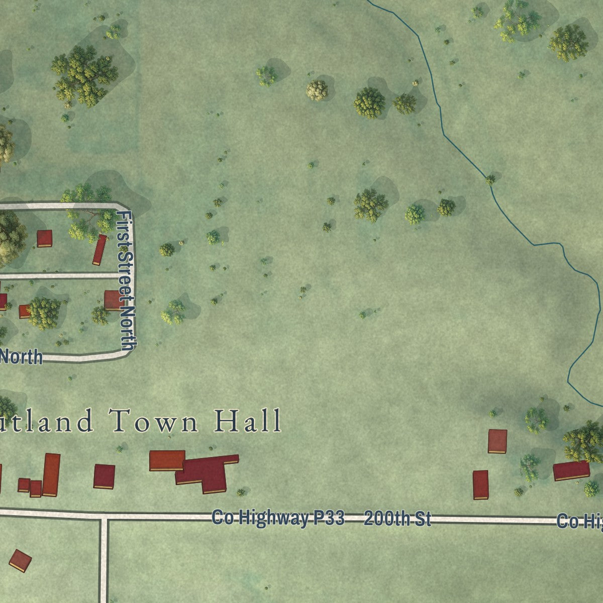 Second close-up of the map of Rutland, Iowa print showing more streets and buildings