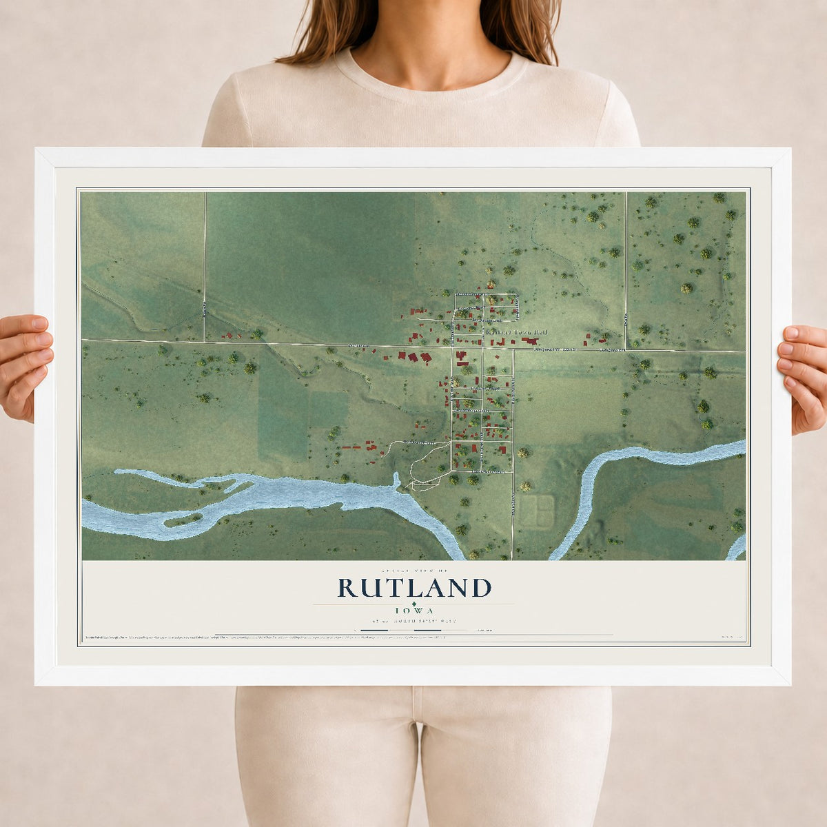 Map of Rutland, Iowa, 18 x 24 inch print in a white wood frame