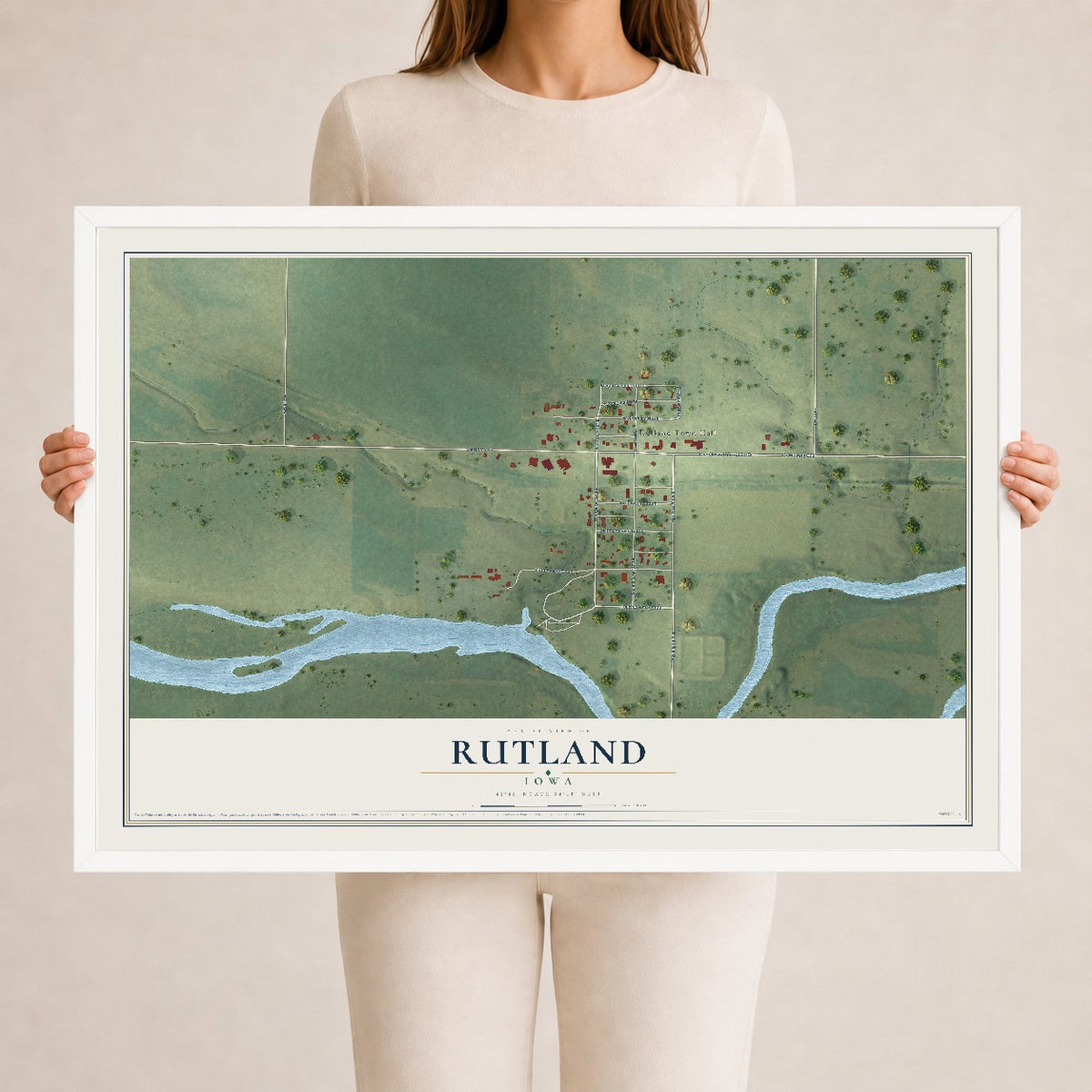 Map of Rutland, Iowa, 24 x 36 inch print in a white wood frame