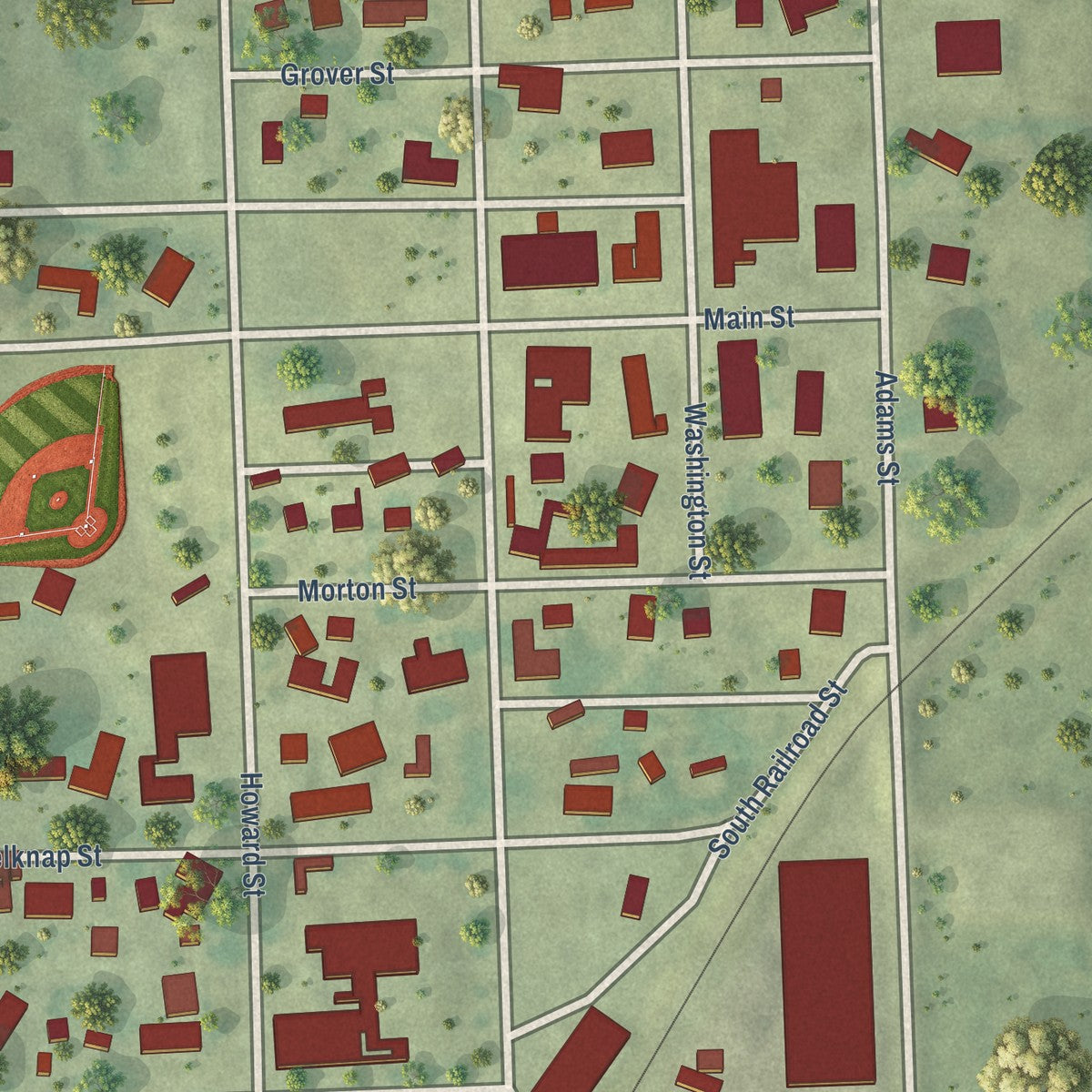 Close-up of the map of Ryan, Iowa print showing street and building detail
