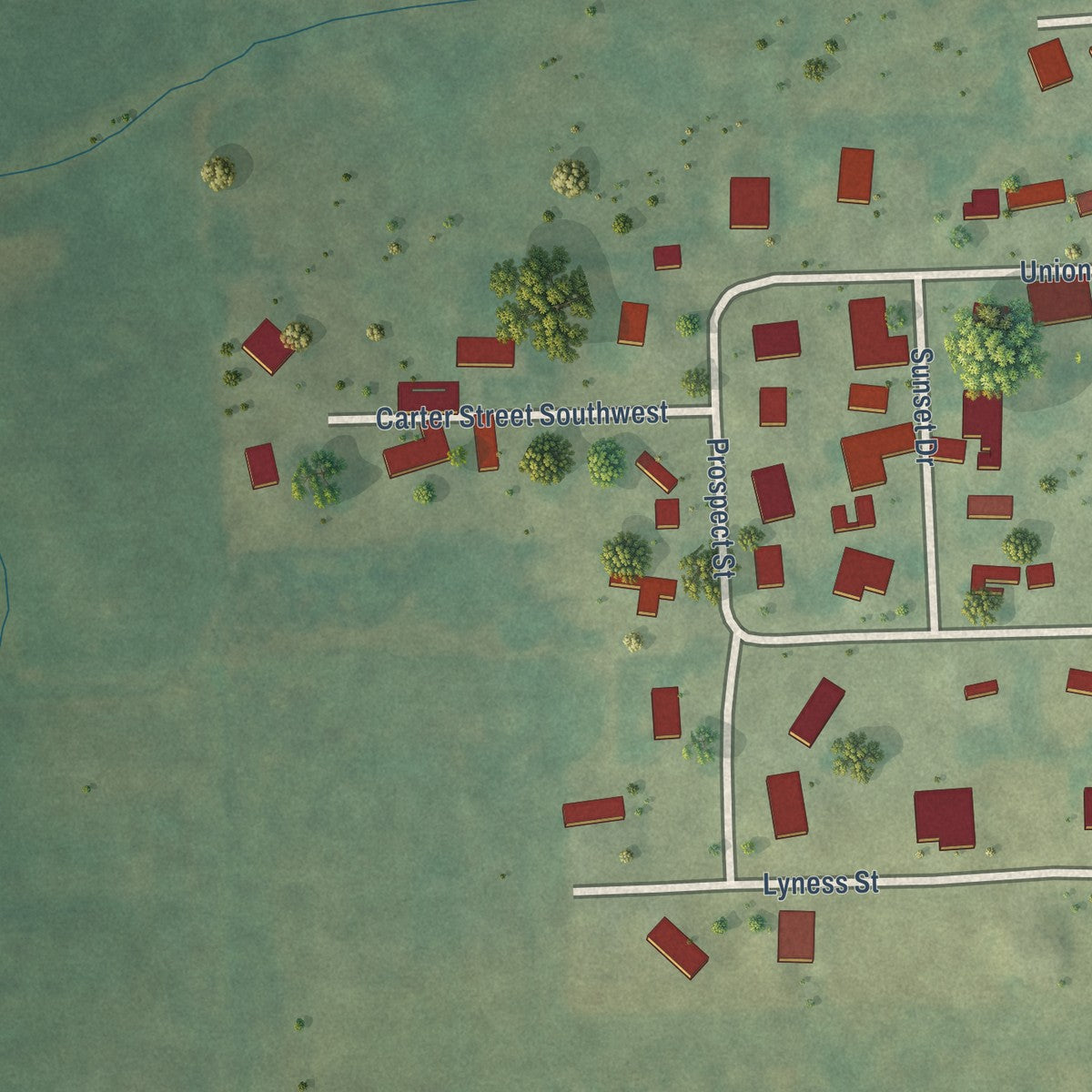 Second close-up of the map of Ryan, Iowa print showing more streets and buildings