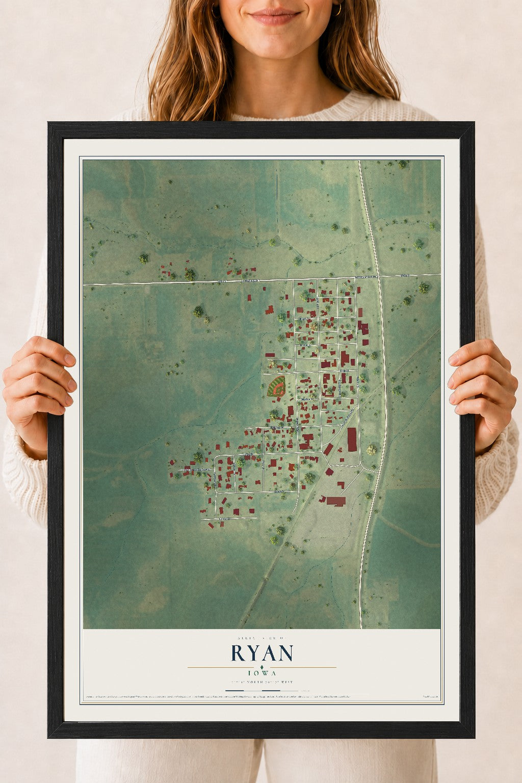Map of Ryan, Iowa, 18 x 24 inch print in a black wood frame
