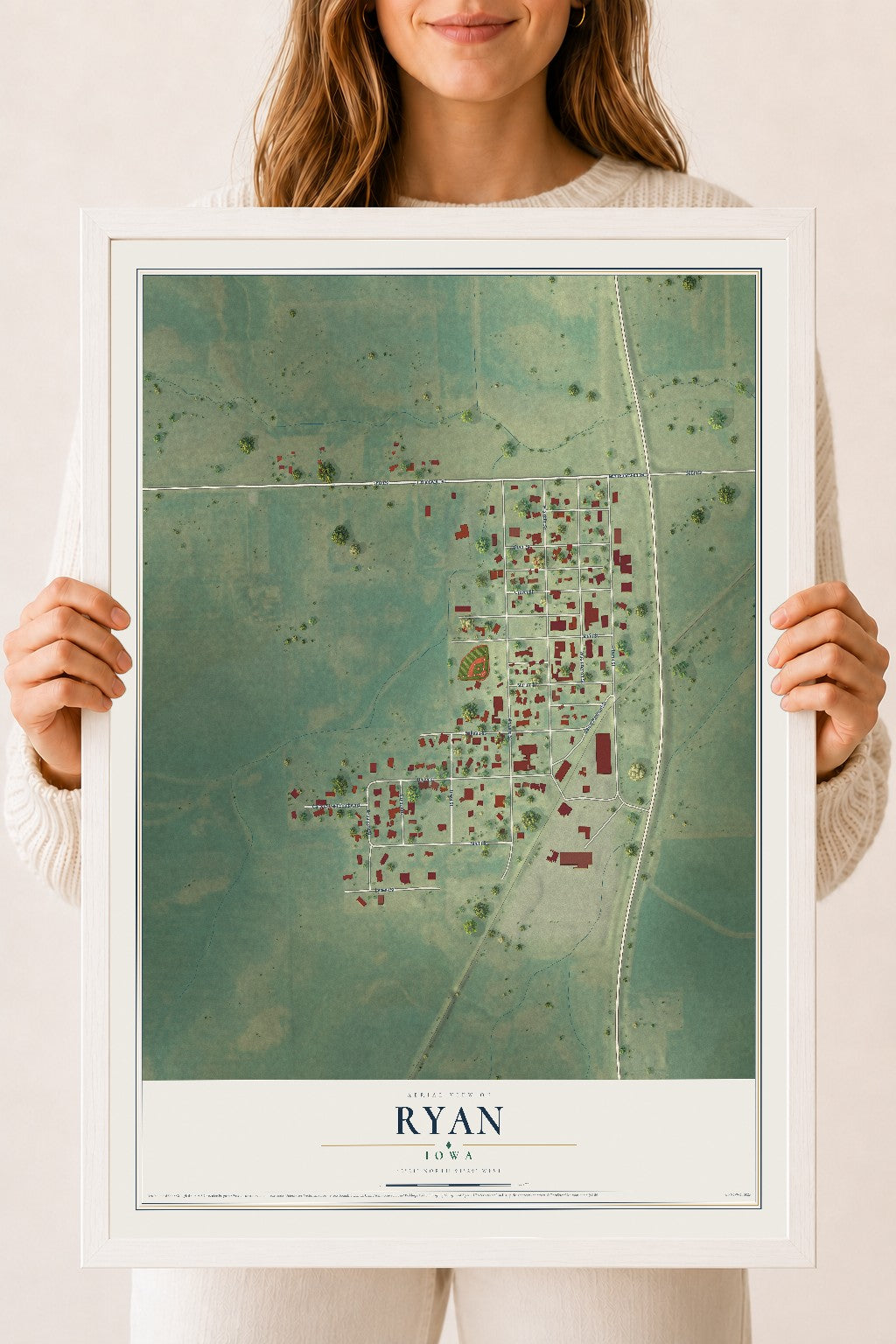 Map of Ryan, Iowa, 18 x 24 inch print in a white wood frame