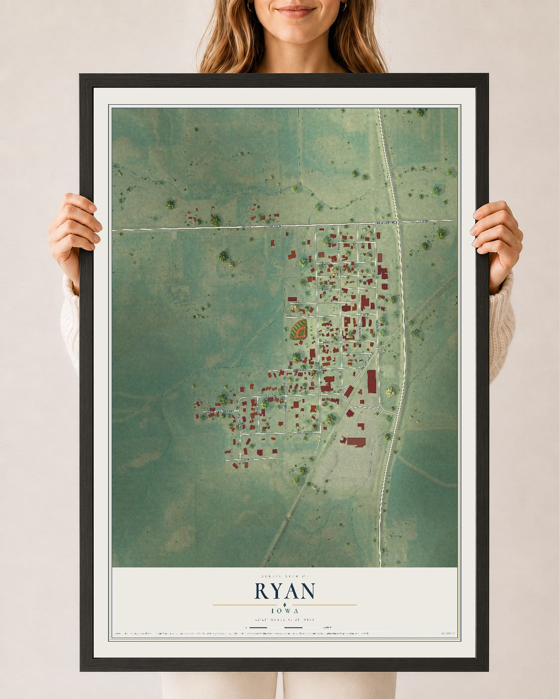 Map of Ryan, Iowa, 24 x 36 inch print in a black wood frame