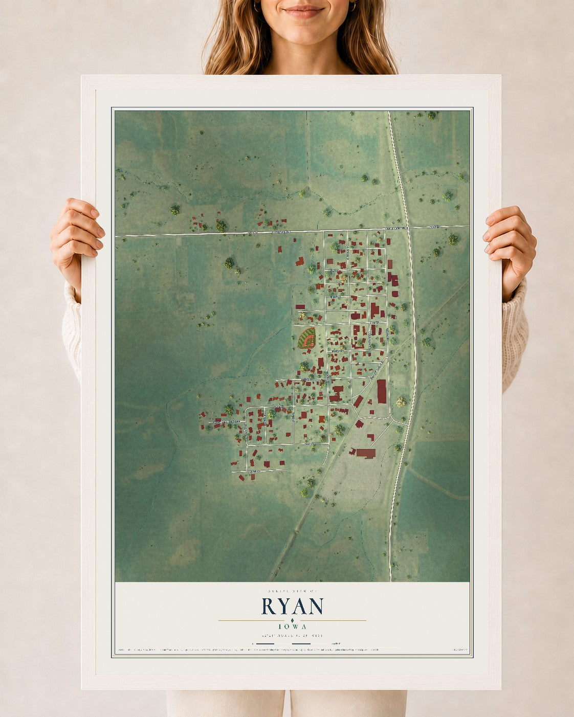 Map of Ryan, Iowa, 24 x 36 inch print in a white wood frame