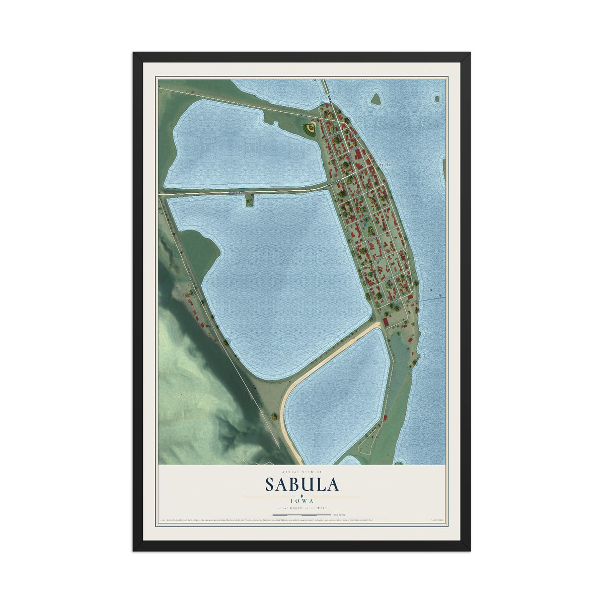 Map of Sabula, Iowa, 12 x 18 inch print in a black wood frame
