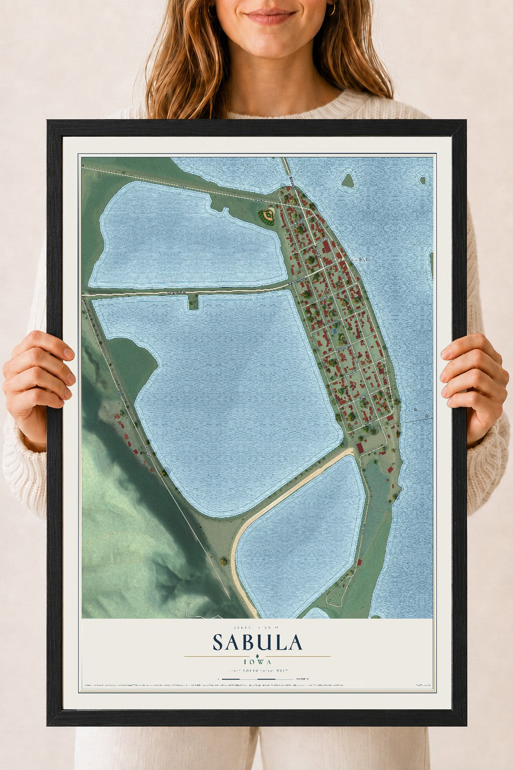 Map of Sabula, Iowa, 18 x 24 inch print in a black wood frame