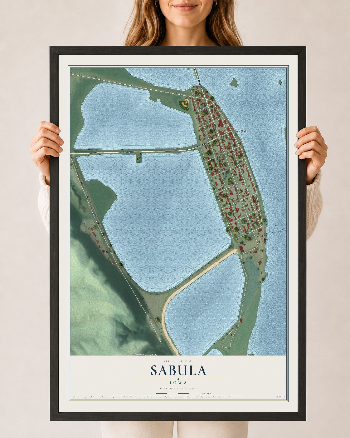 Map of Sabula, Iowa, 24 x 36 inch print in a black wood frame