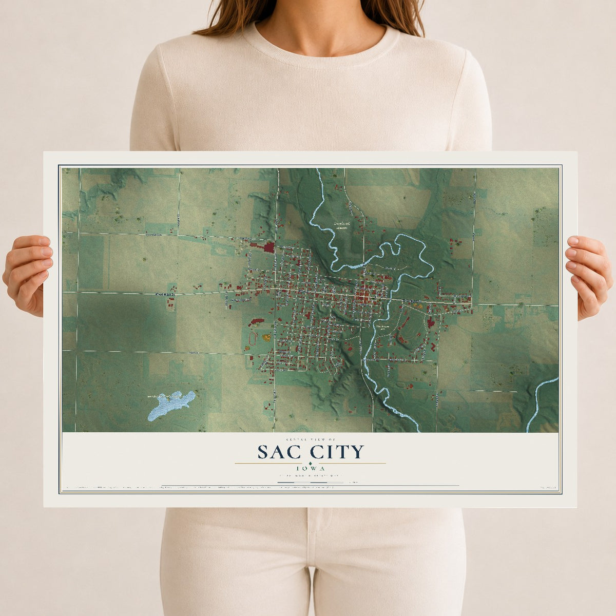 Map of Sac City, Iowa, 12 x 18 inch unframed archival matte print
