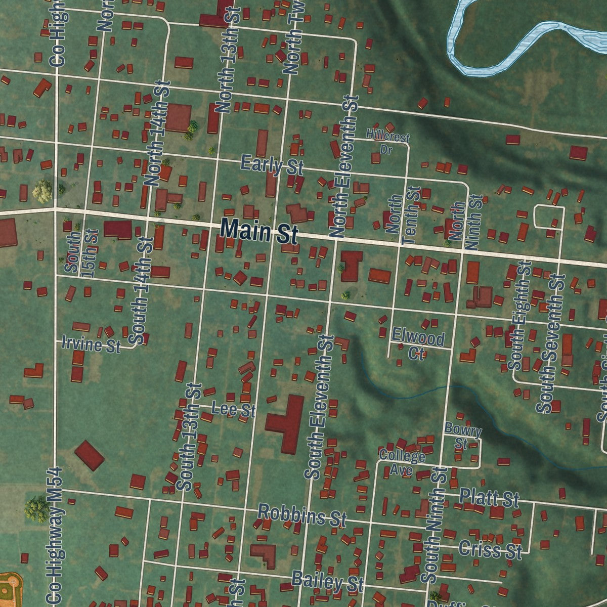 Close-up of the map of Sac City, Iowa print showing street and building detail