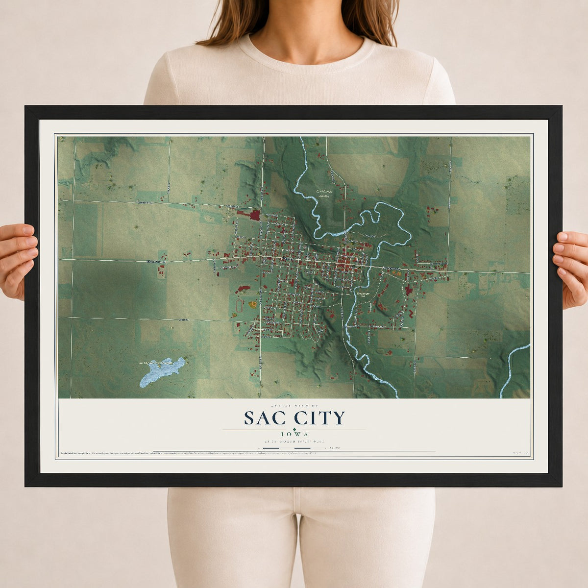 Map of Sac City, Iowa, 18 x 24 inch print in a black wood frame