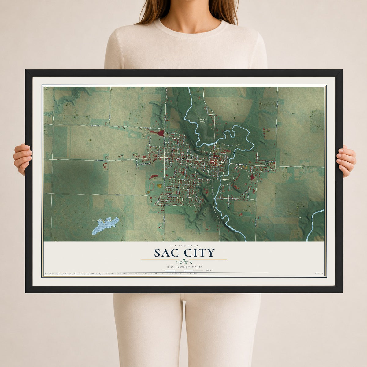 Map of Sac City, Iowa, 24 x 36 inch print in a black wood frame