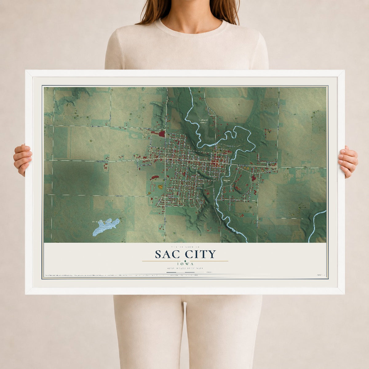 Map of Sac City, Iowa, 24 x 36 inch print in a white wood frame