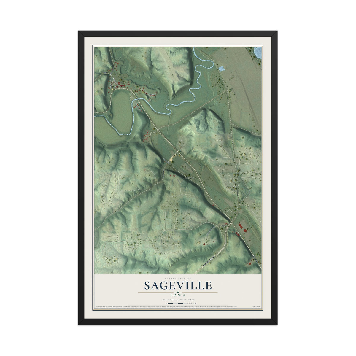 Map of Sageville, Iowa, 12 x 18 inch print in a black wood frame