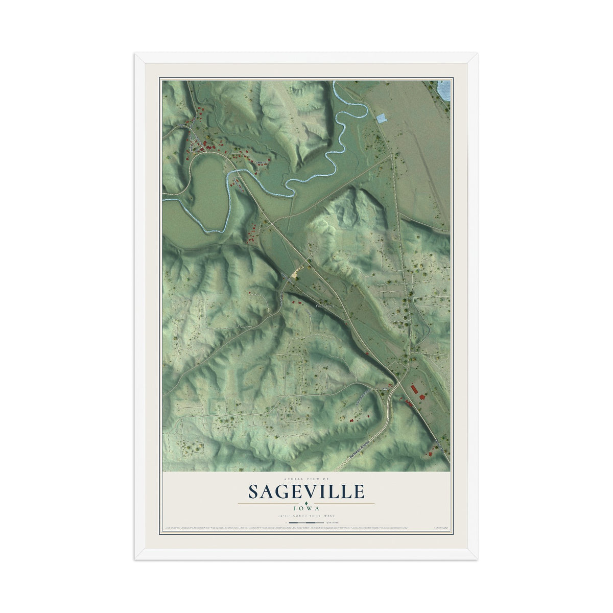 Map of Sageville, Iowa, 12 x 18 inch print in a white wood frame