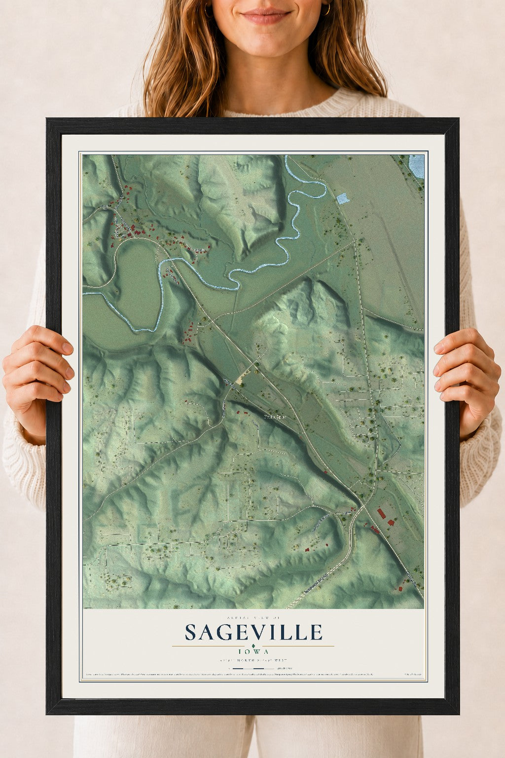 Map of Sageville, Iowa, 18 x 24 inch print in a black wood frame