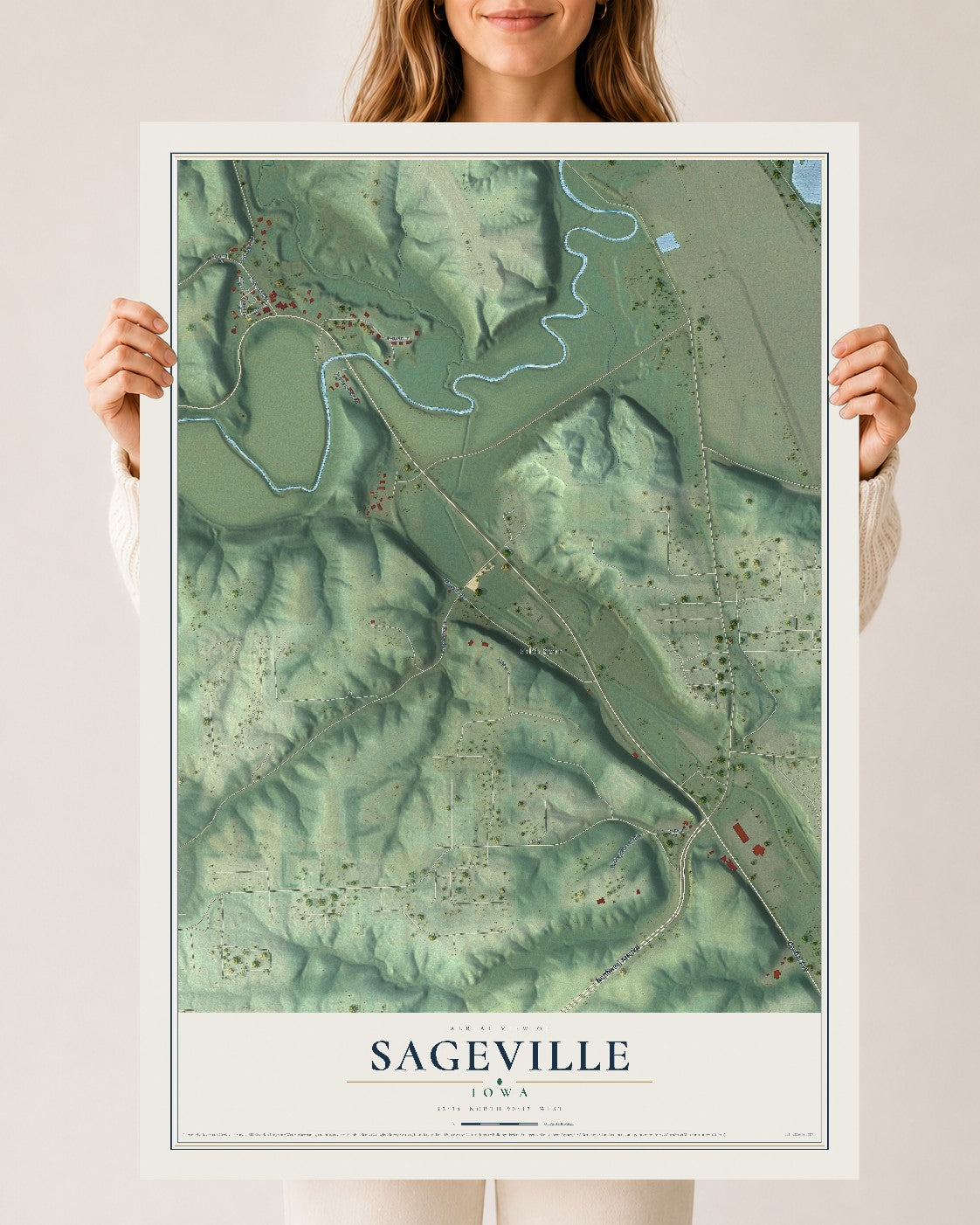 Map of Sageville, Iowa, 24 x 36 inch unframed archival matte print