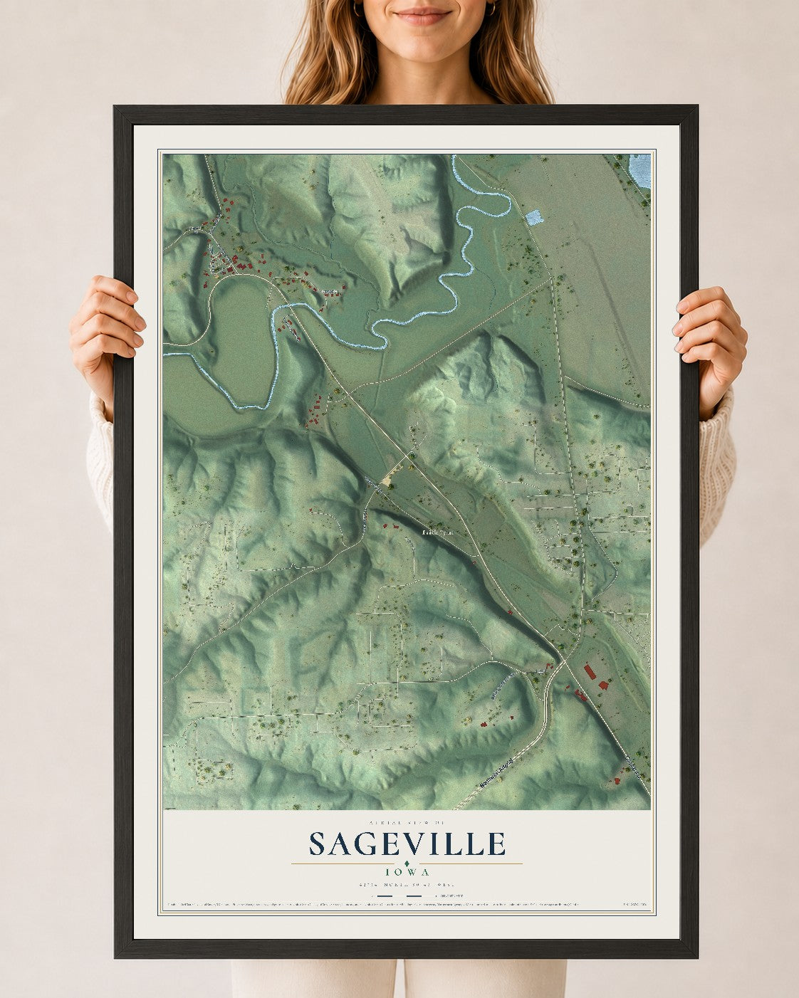 Map of Sageville, Iowa, 24 x 36 inch print in a black wood frame