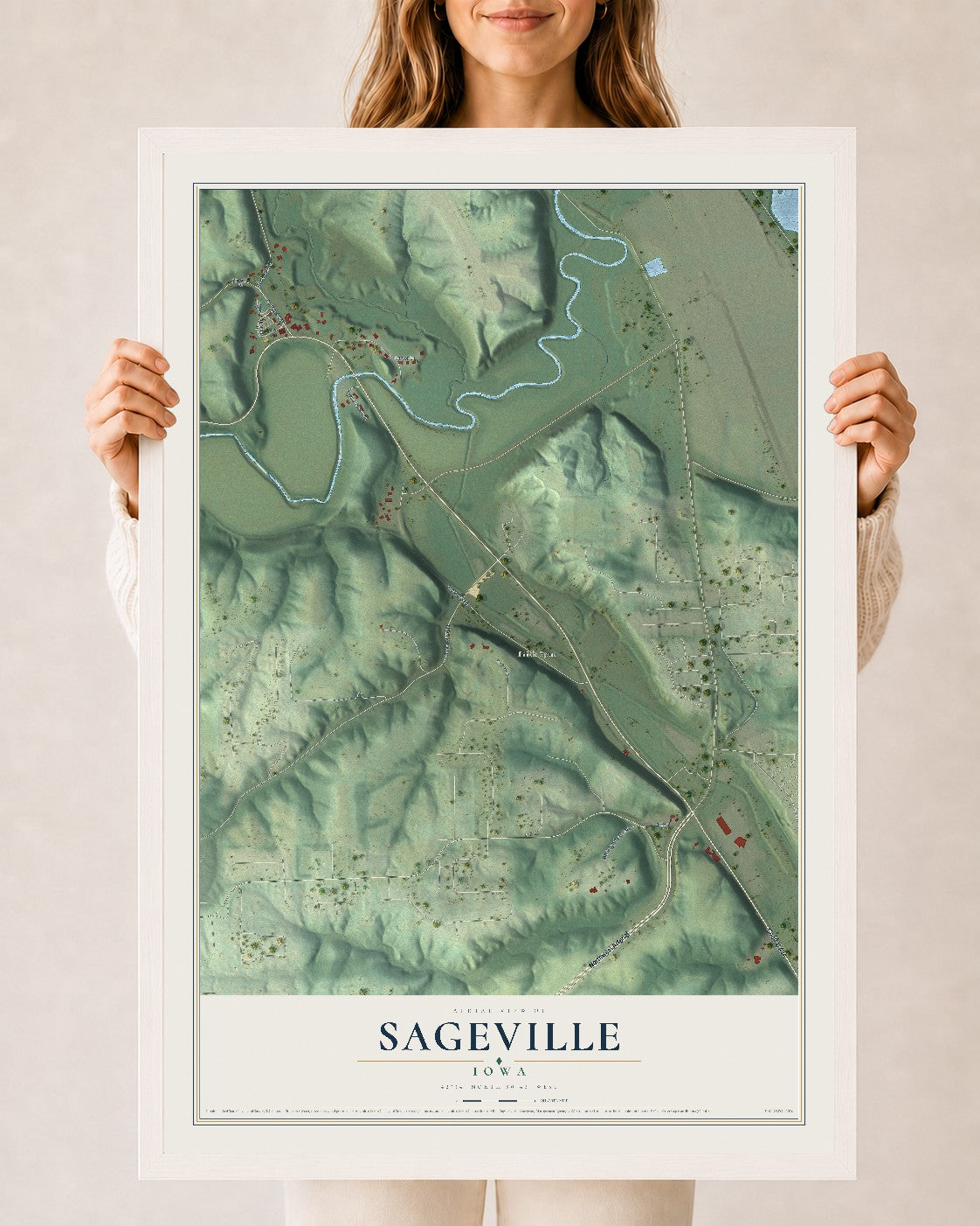 Map of Sageville, Iowa, 24 x 36 inch print in a white wood frame