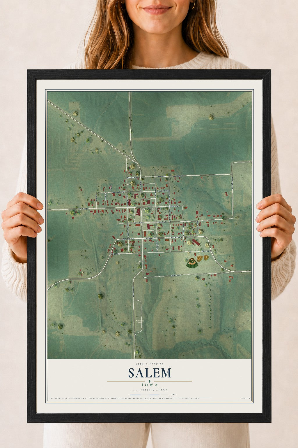 Map of Salem, Iowa, 18 x 24 inch print in a black wood frame