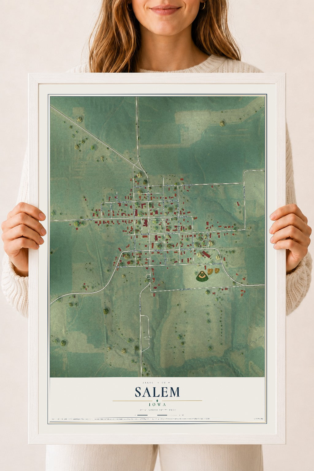 Map of Salem, Iowa, 18 x 24 inch print in a white wood frame