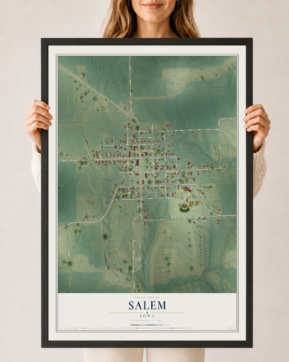 Map of Salem, Iowa, 24 x 36 inch print in a black wood frame