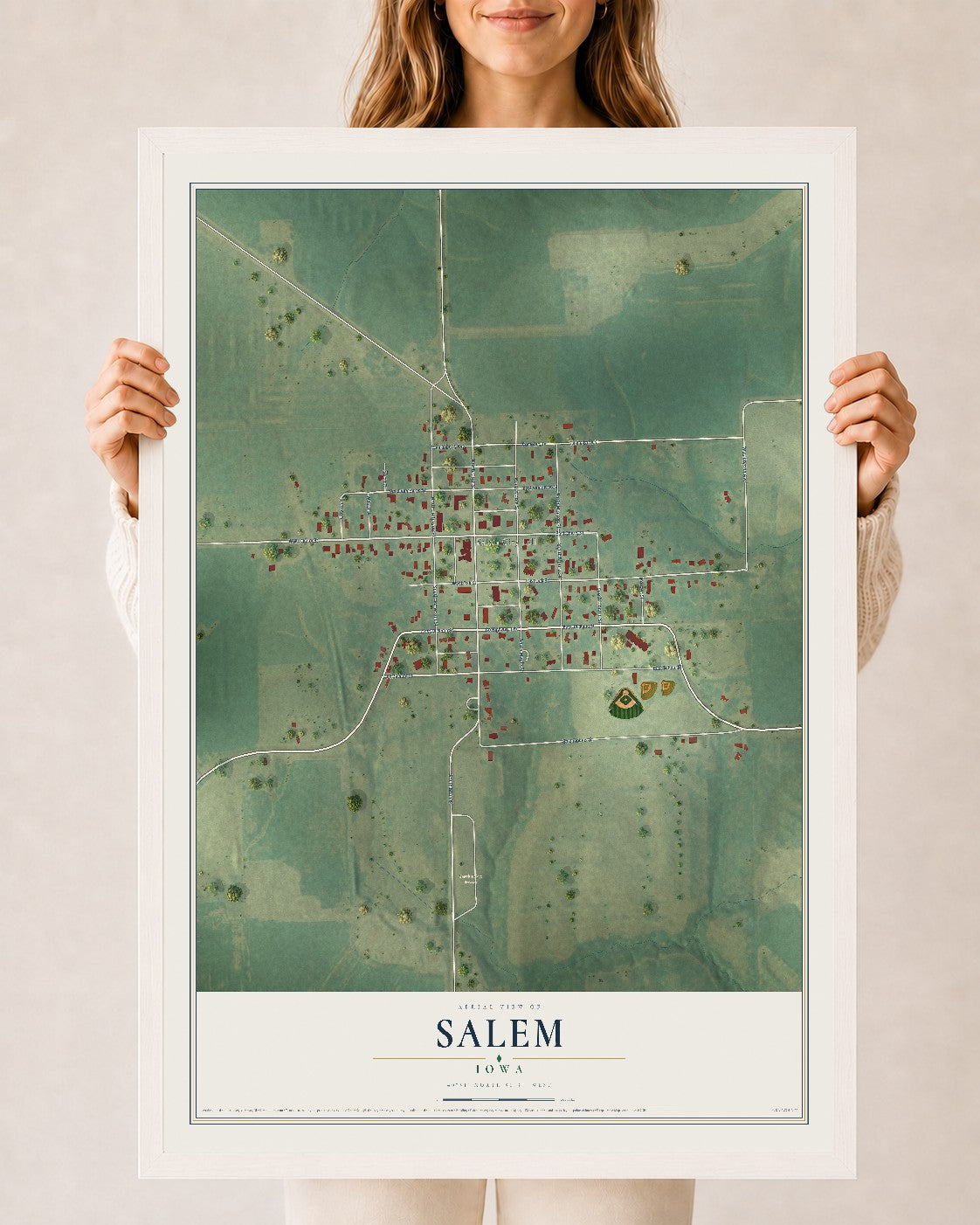 Map of Salem, Iowa, 24 x 36 inch print in a white wood frame