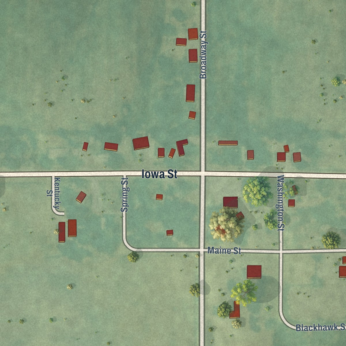 Close-up of the map of Sandyville, Iowa print showing street and building detail
