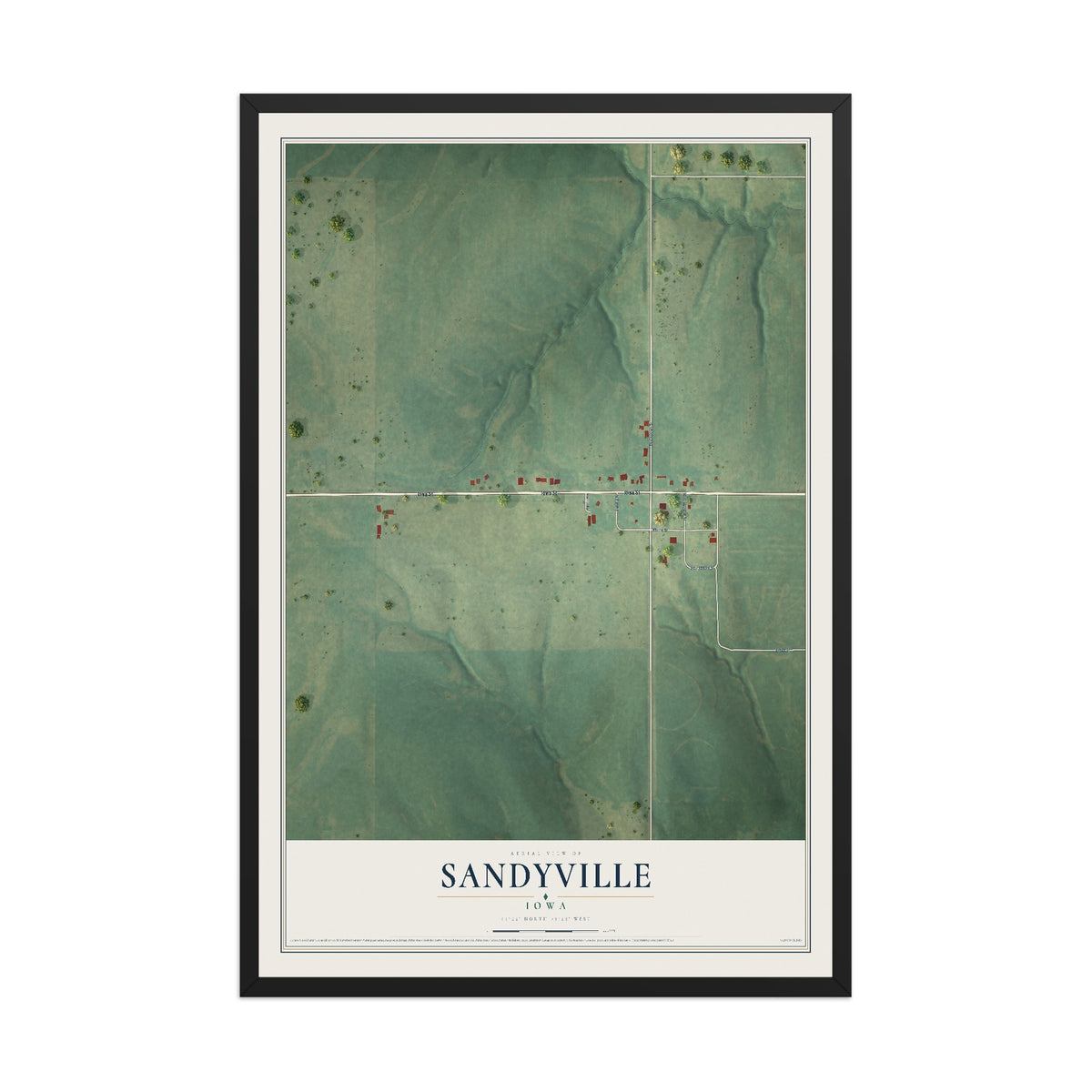 Map of Sandyville, Iowa, 12 x 18 inch print in a black wood frame