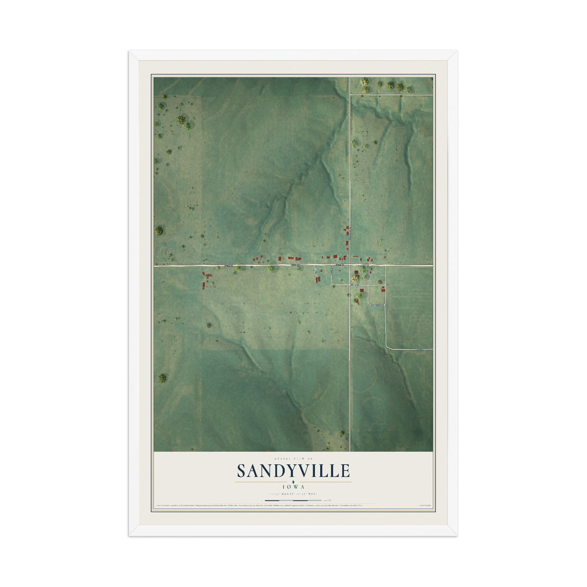 Map of Sandyville, Iowa, 12 x 18 inch print in a white wood frame