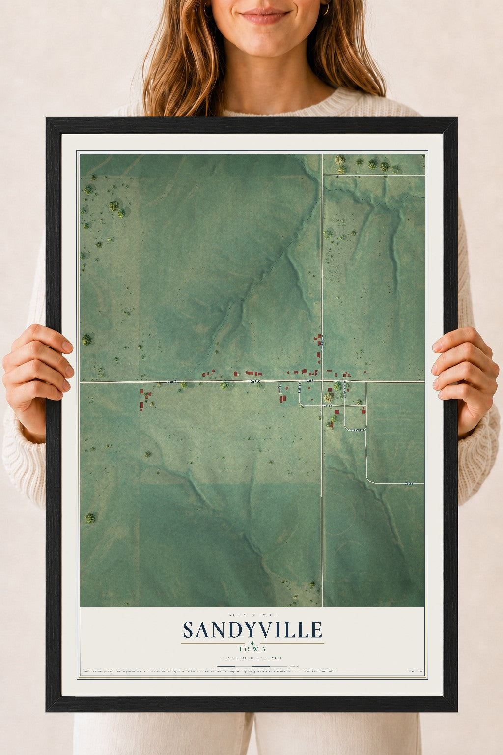 Map of Sandyville, Iowa, 18 x 24 inch print in a black wood frame