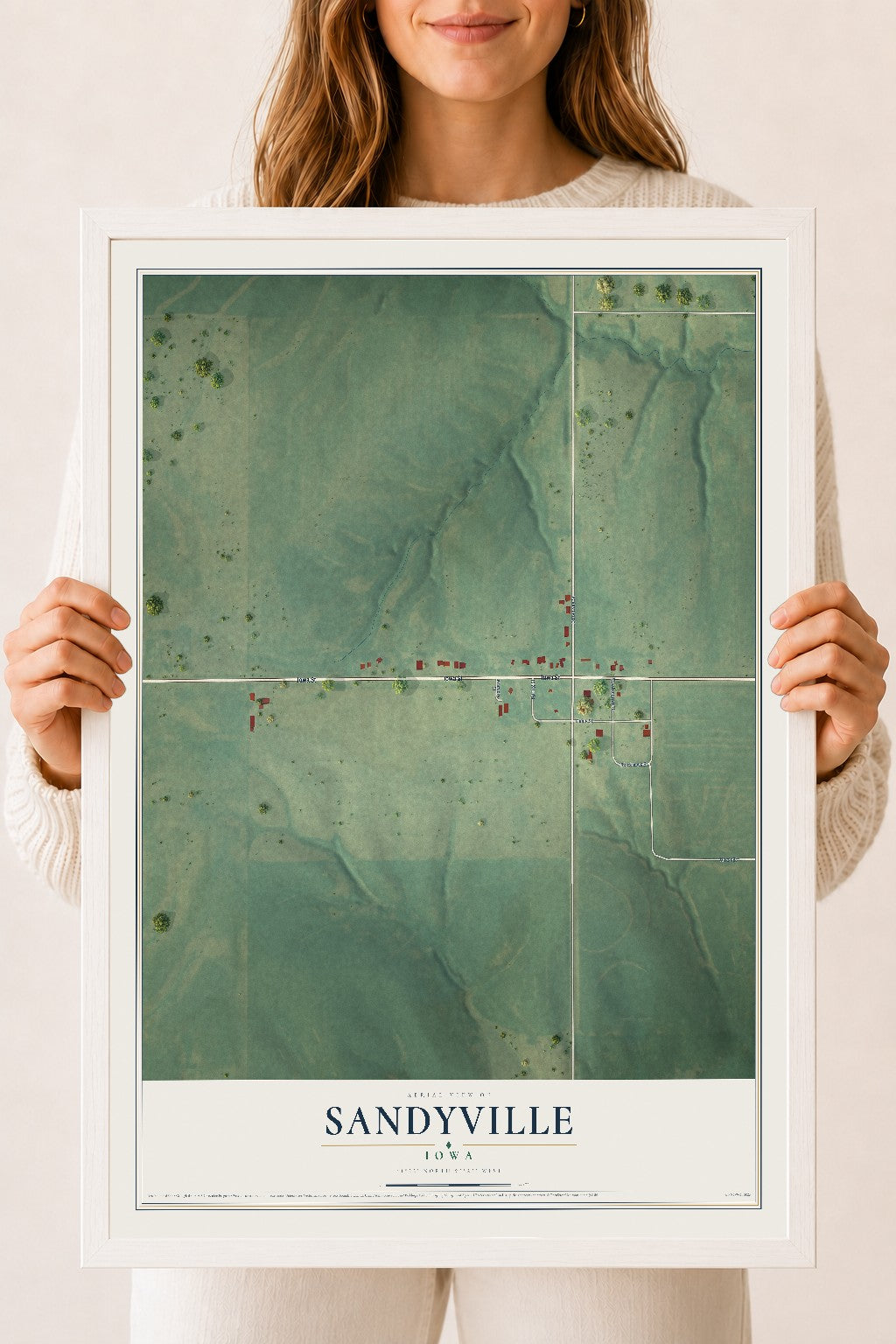 Map of Sandyville, Iowa, 18 x 24 inch print in a white wood frame