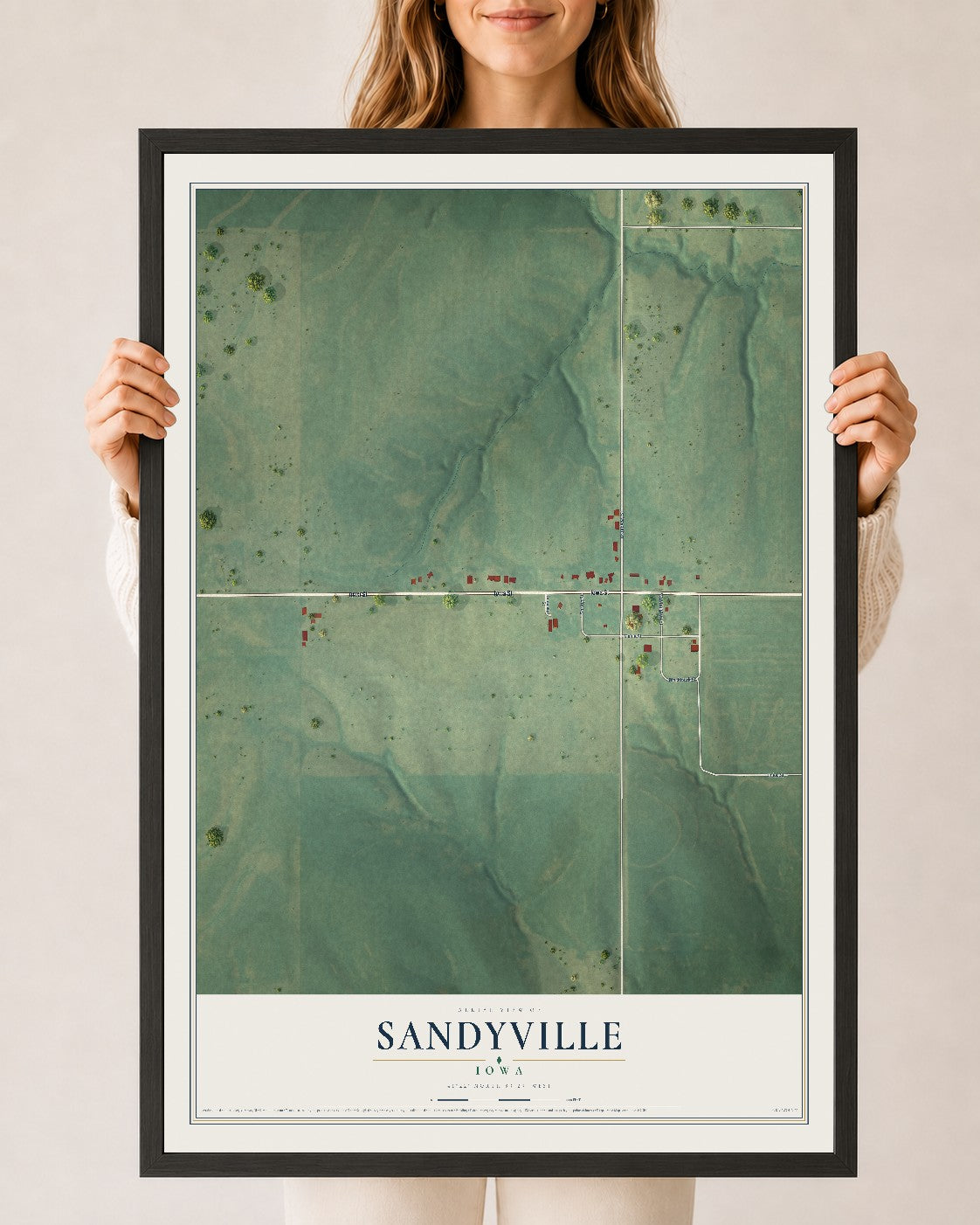 Map of Sandyville, Iowa, 24 x 36 inch print in a black wood frame