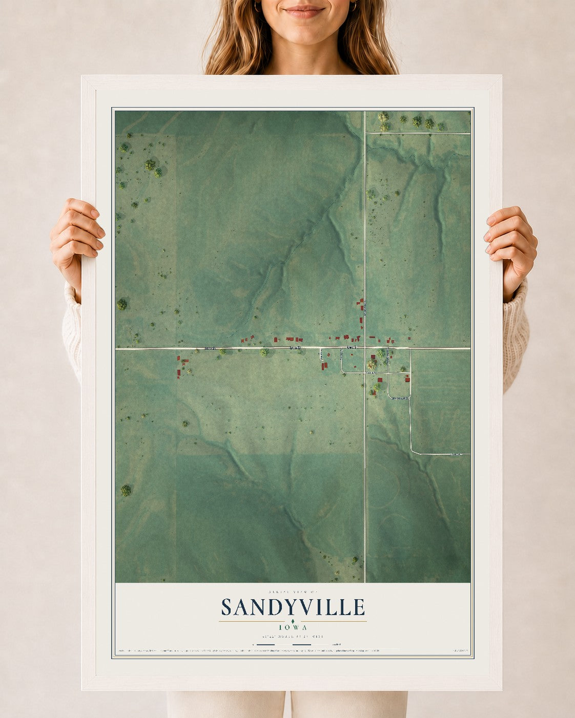 Map of Sandyville, Iowa, 24 x 36 inch print in a white wood frame